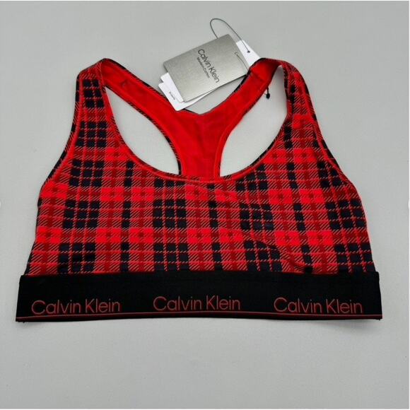 Calvin Klein Bralette Womens Medium Red Black Tartan Plaid Unlined Modern Cotton - Picture 2 of 9